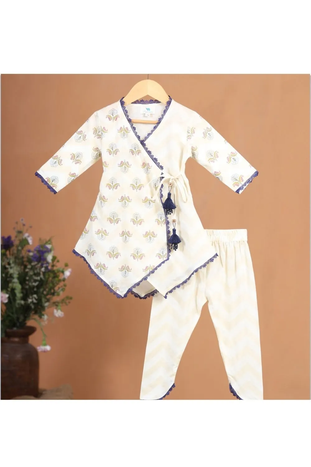 Beige Blue Floral Cotton Printed Angarkha Style Kurta With Balloon Pant Set