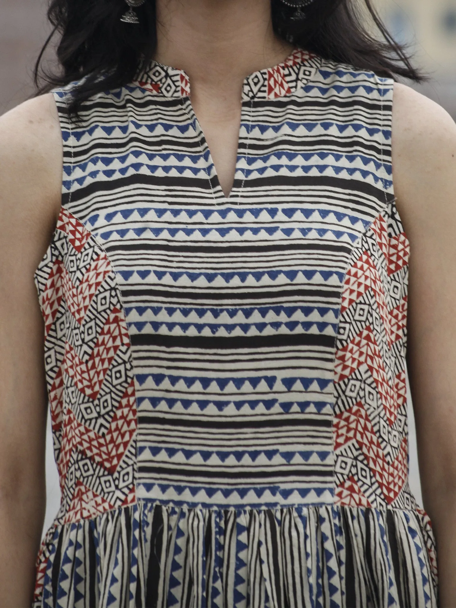 Beige Blue Maroon Black Long Sleeveless Hand Block Printed Cotton Dress With Gathers & Side Pockets - D72F591