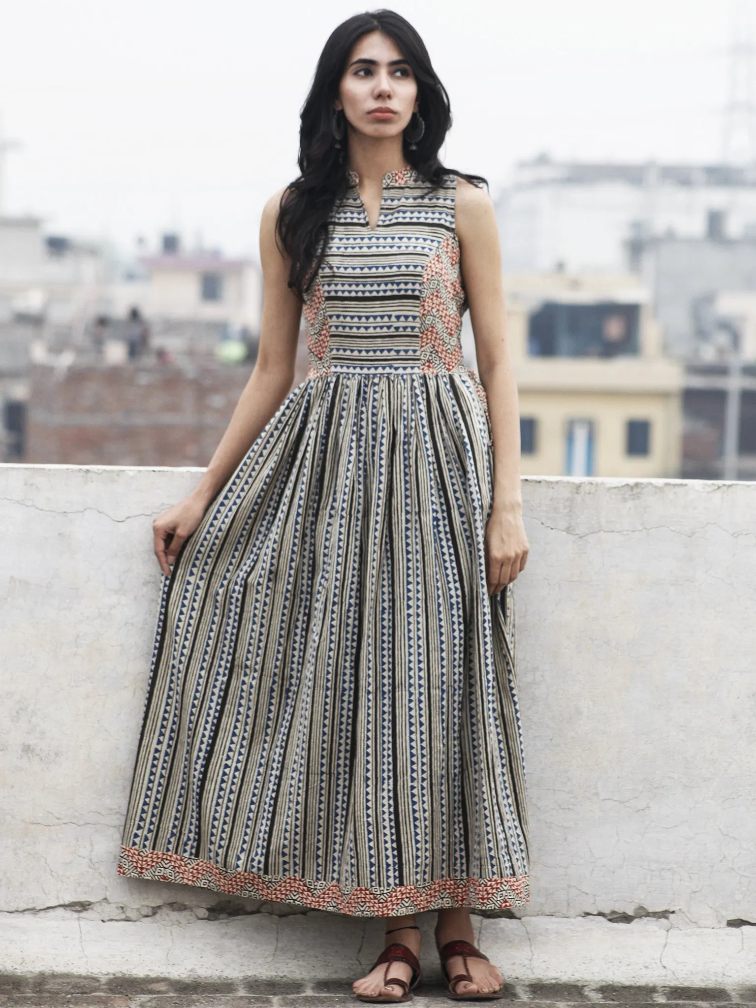 Beige Blue Maroon Black Long Sleeveless Hand Block Printed Cotton Dress With Gathers & Side Pockets - D72F591