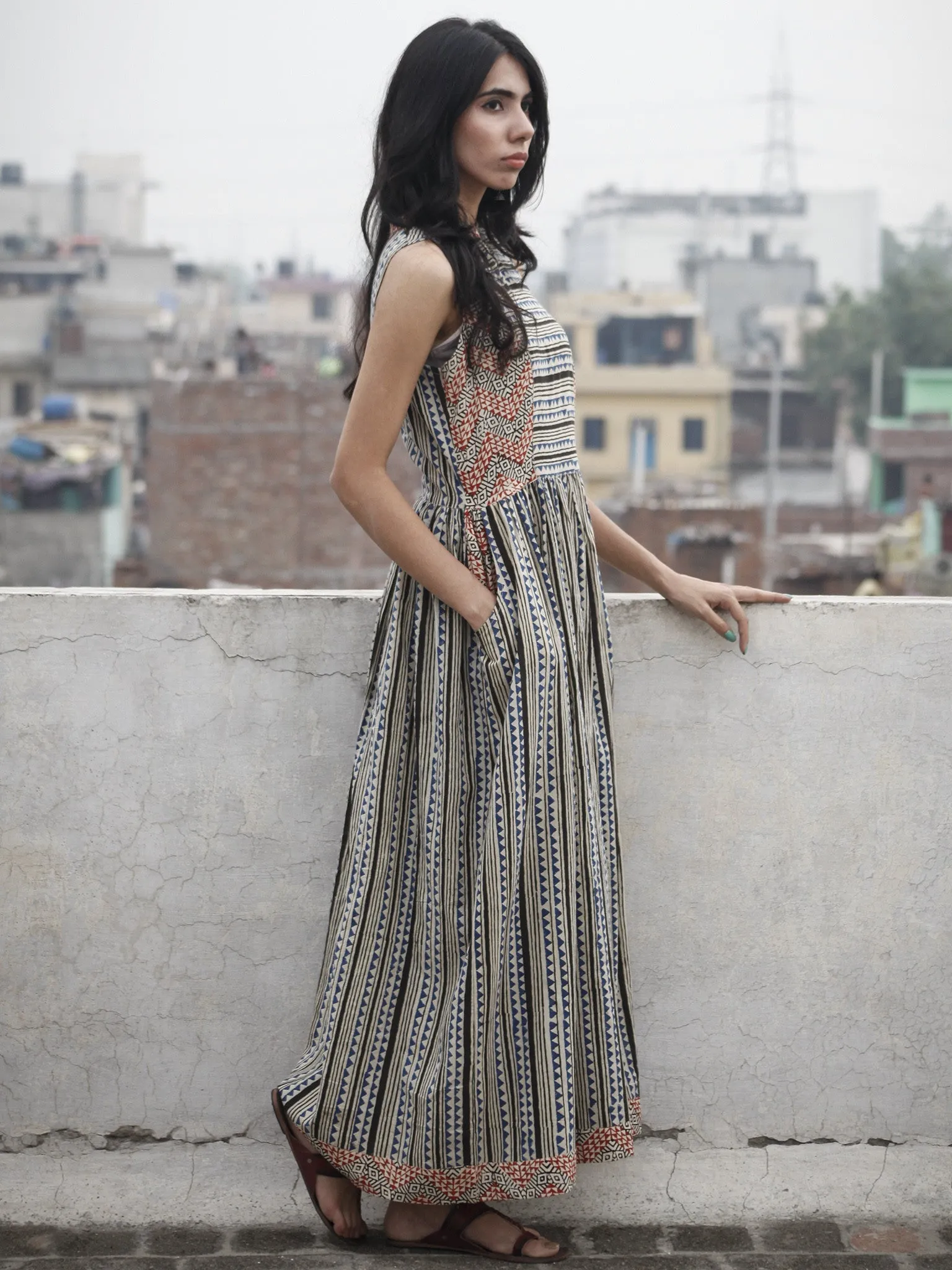 Beige Blue Maroon Black Long Sleeveless Hand Block Printed Cotton Dress With Gathers & Side Pockets - D72F591