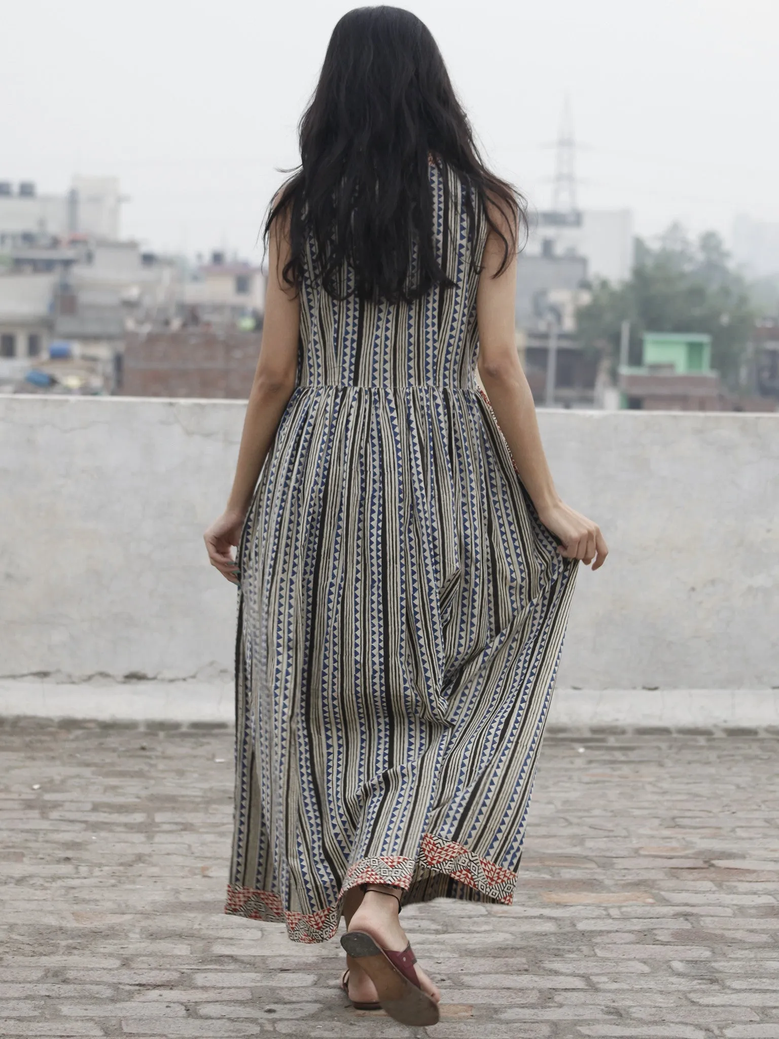 Beige Blue Maroon Black Long Sleeveless Hand Block Printed Cotton Dress With Gathers & Side Pockets - D72F591