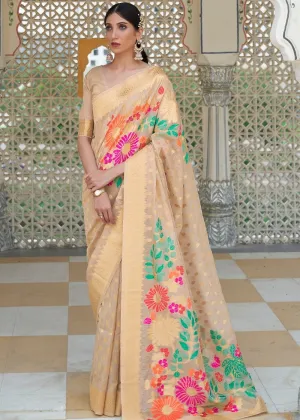 Beige Brown Floral Embroidered Linen Silk Saree