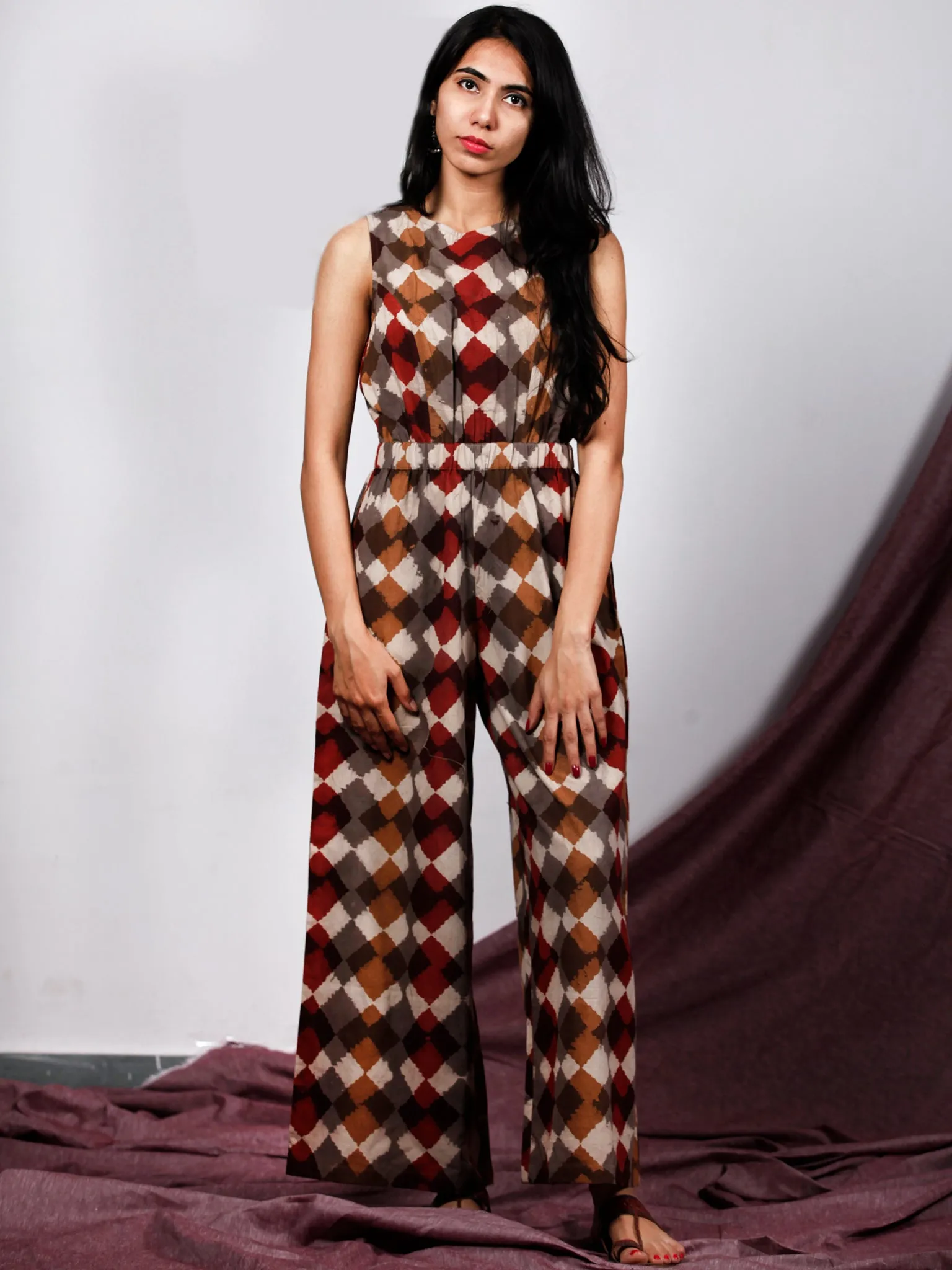 Beige Brown Maroon Handblock Printed  Cotton Jumpsuit With Back Zip And Waist Elastic -  D234F1323