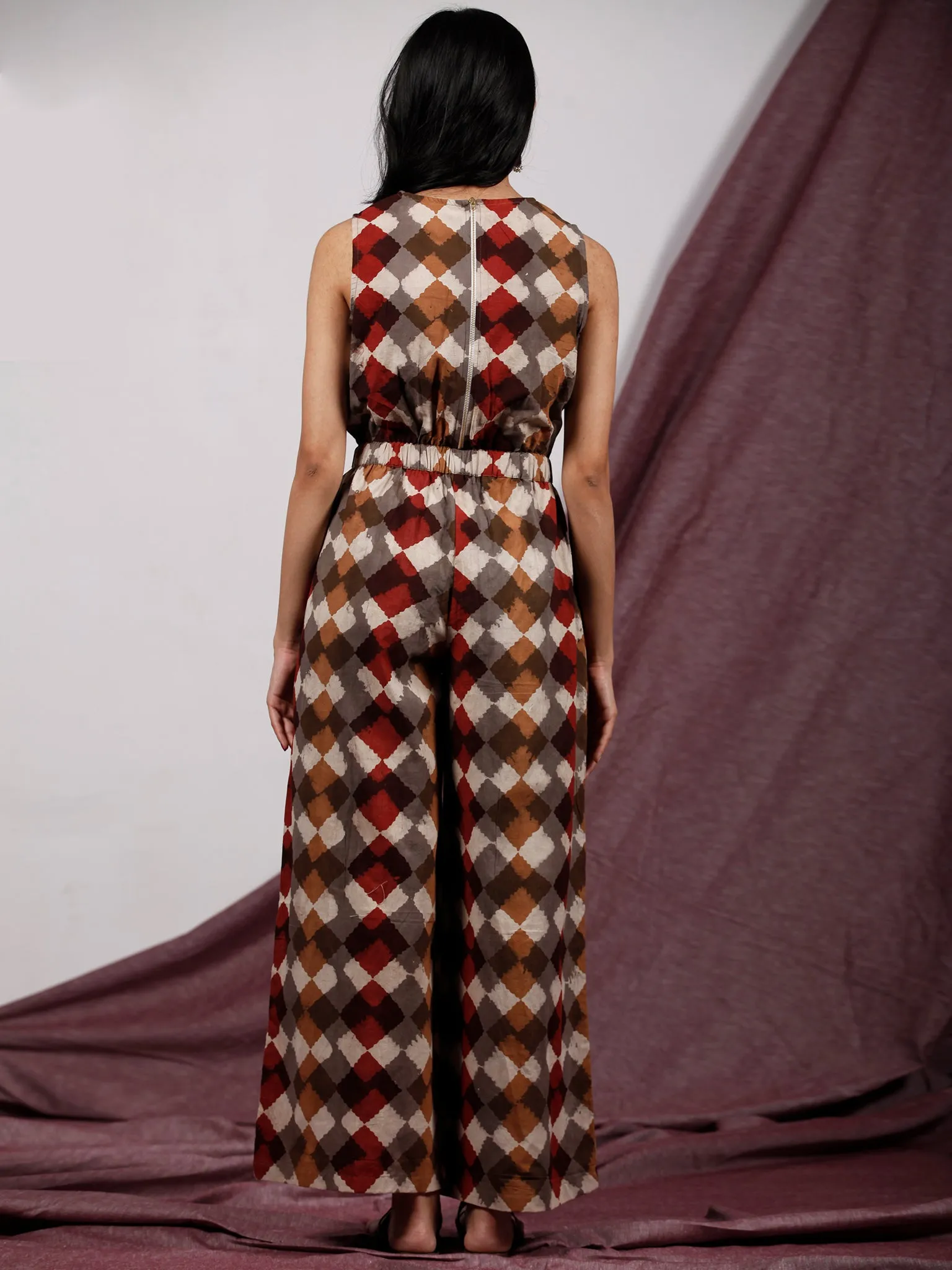 Beige Brown Maroon Handblock Printed  Cotton Jumpsuit With Back Zip And Waist Elastic -  D234F1323