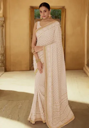 Beige Chikankari Embroidered Party Wear Saree