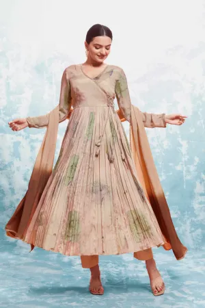 Beige Chinon Silk Dress with Printed Work and Matching Dupatta – Ready to Wear