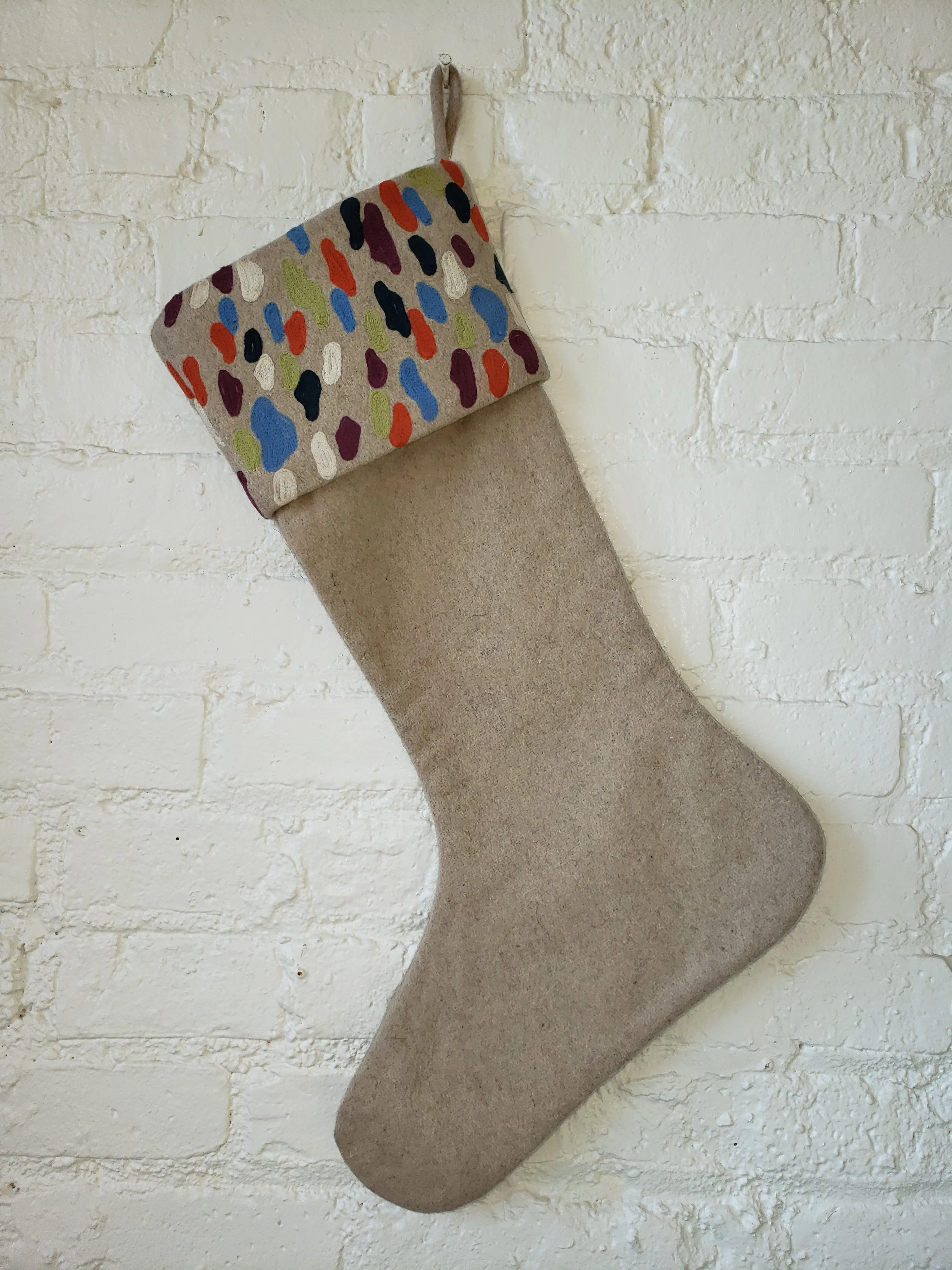 Beige Christmas Stocking  with Confetti Design with Crewel Cuff in Recycled Wool