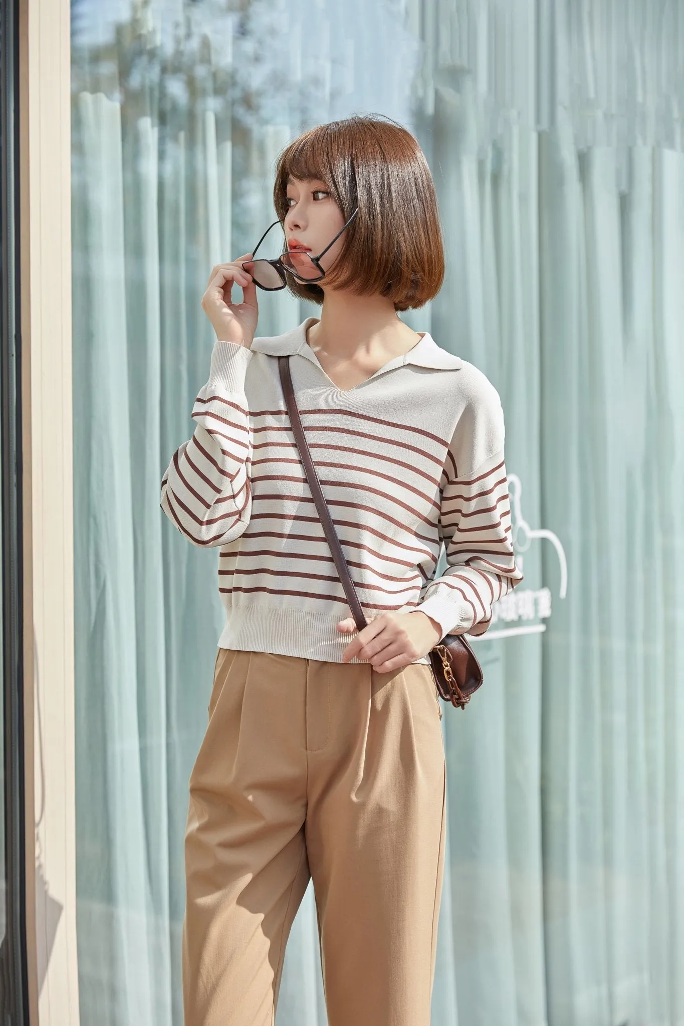 Beige Collar V-neck Striped Sweater Shirt