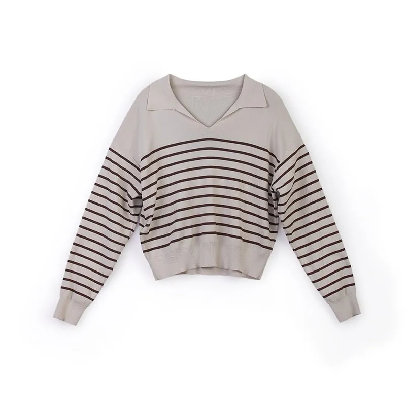 Beige Collar V-neck Striped Sweater Shirt