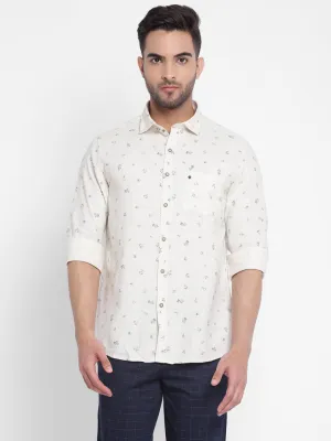 Beige Cotton Printed Slim Fit Shirt