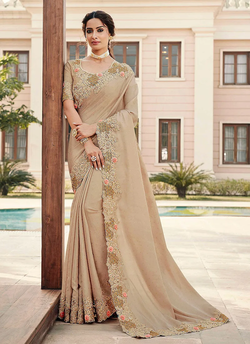 Beige Embroidered Designer Silk Saree