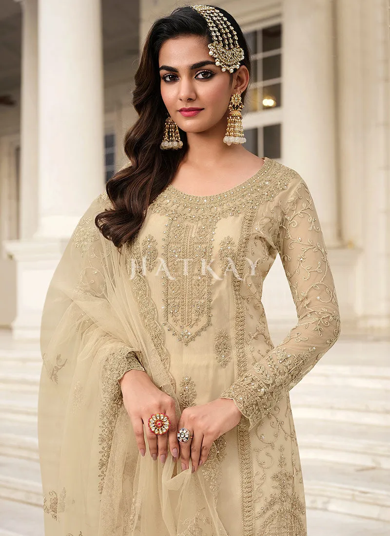 Beige Embroidered Pakistani Pant Style Salwar Suit