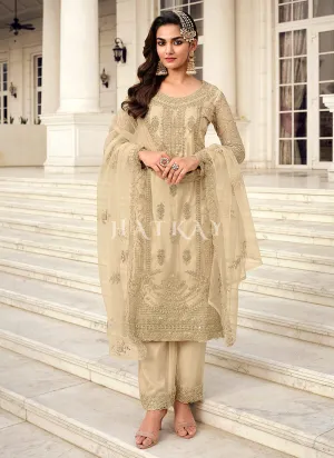 Beige Embroidered Pakistani Pant Style Salwar Suit