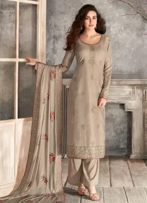 Beige Floral Embroidered Designer Palazzo Style Pant Suit