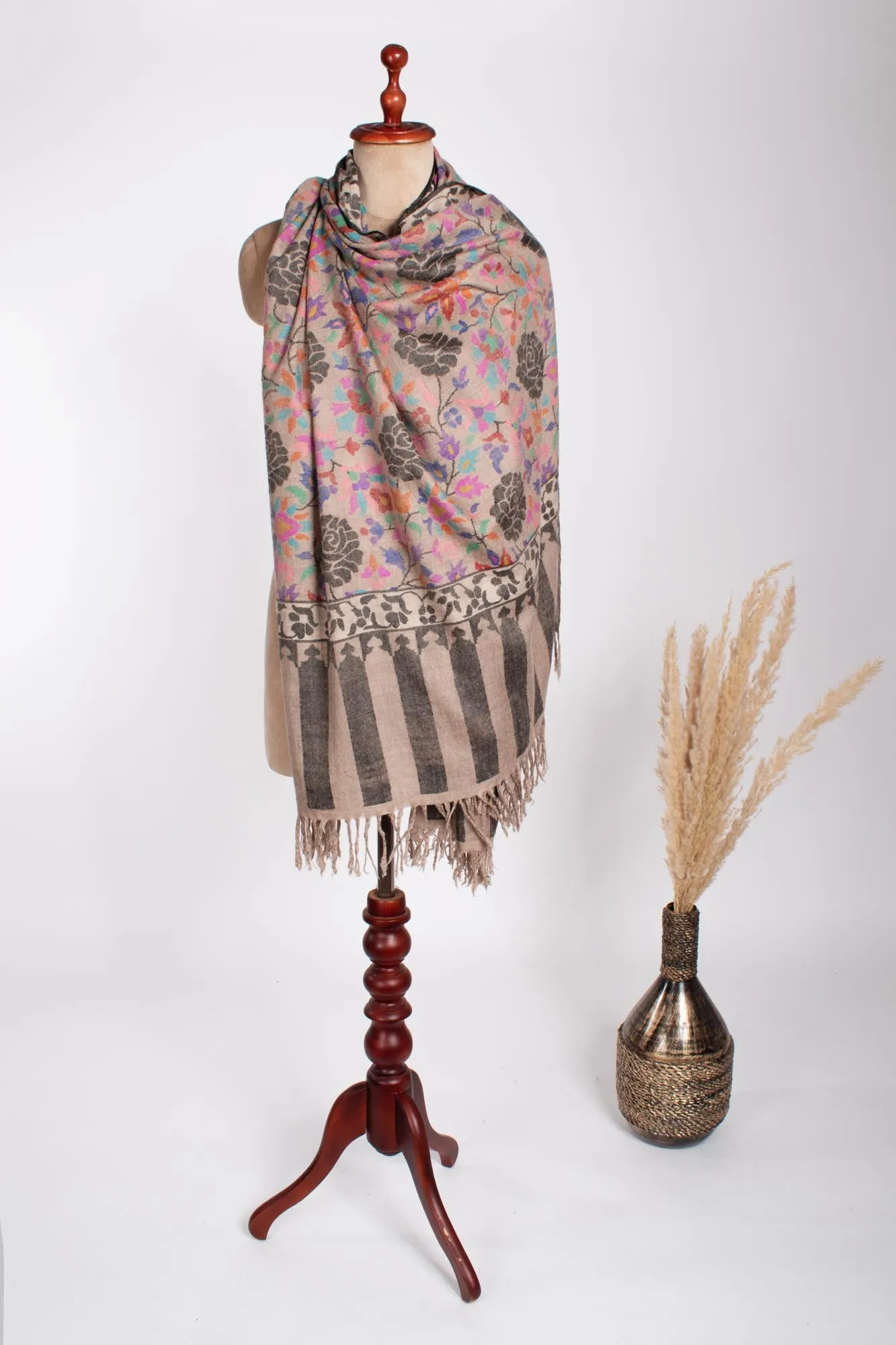 Beige Floral Handloomed Kani Pashmina Shawl - RAMSEY