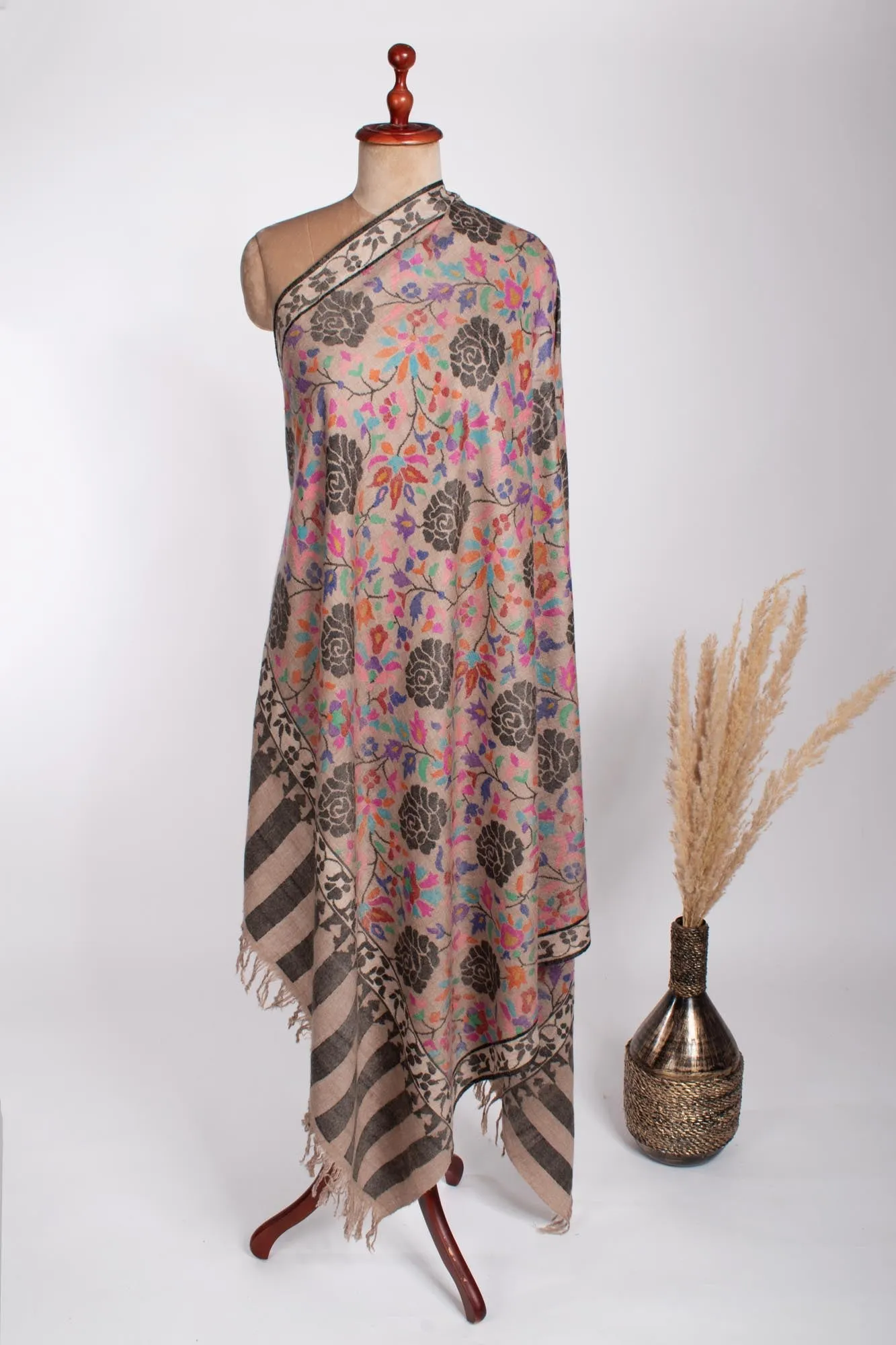 Beige Floral Handloomed Kani Pashmina Shawl - RAMSEY