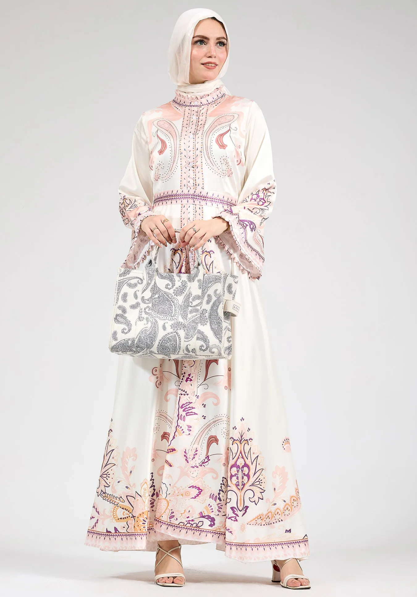 Beige Garden Women's Casual Spring Summer Boho Floral Print Dress High Neck Long Sleeve High Waist Belt Long Maxi