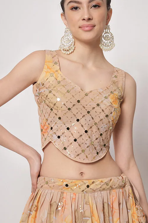 Beige Georgette Print With Sequins Embroidered Work Lehenga Choli