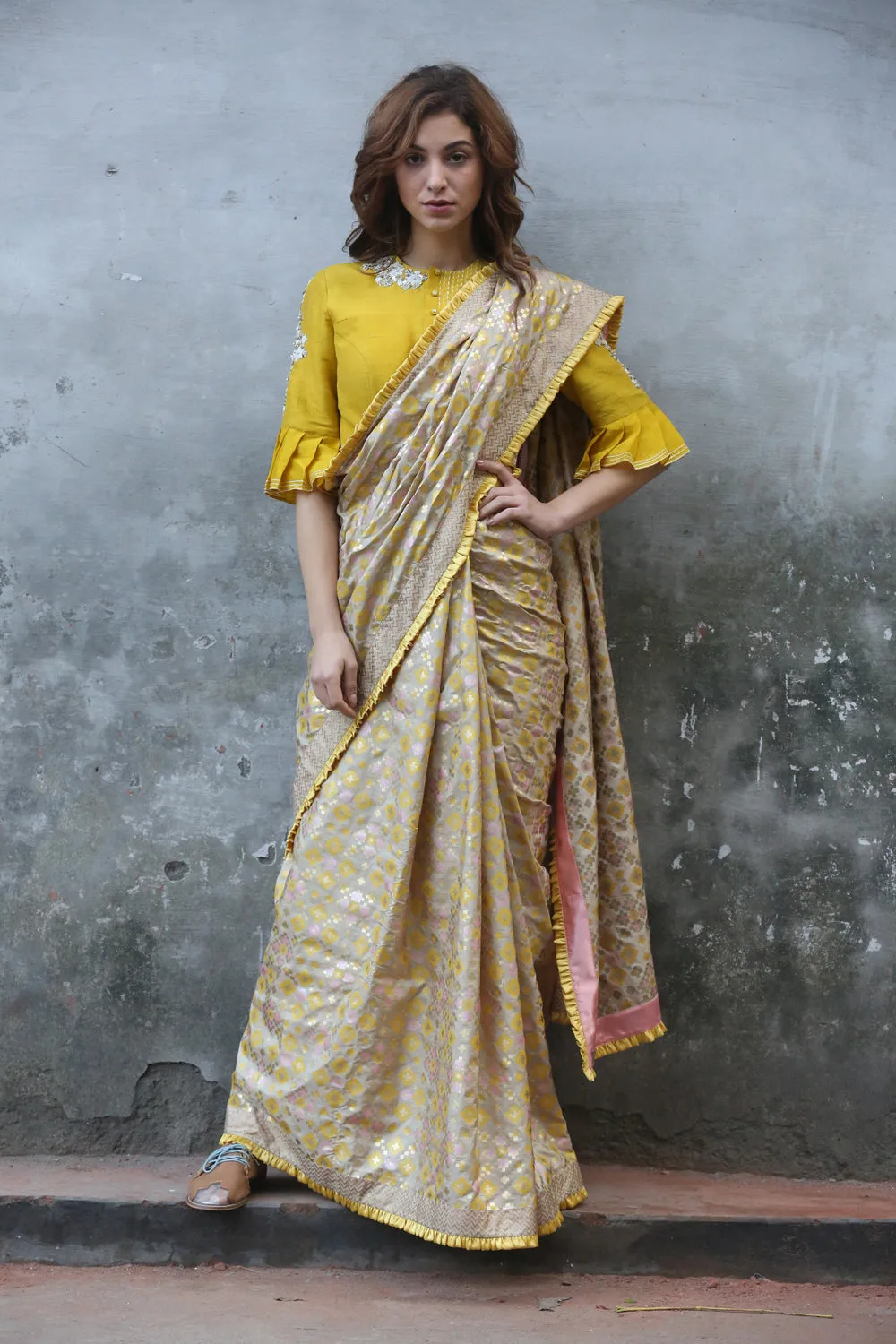 Beige Gold   Ikat Printed Silk Saree Set