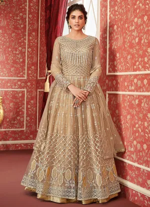 Beige Golden Embroidered Anarkali Lehenga Suit