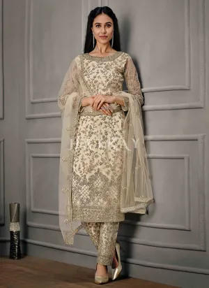 Beige Golden Embroidered Pant Suit