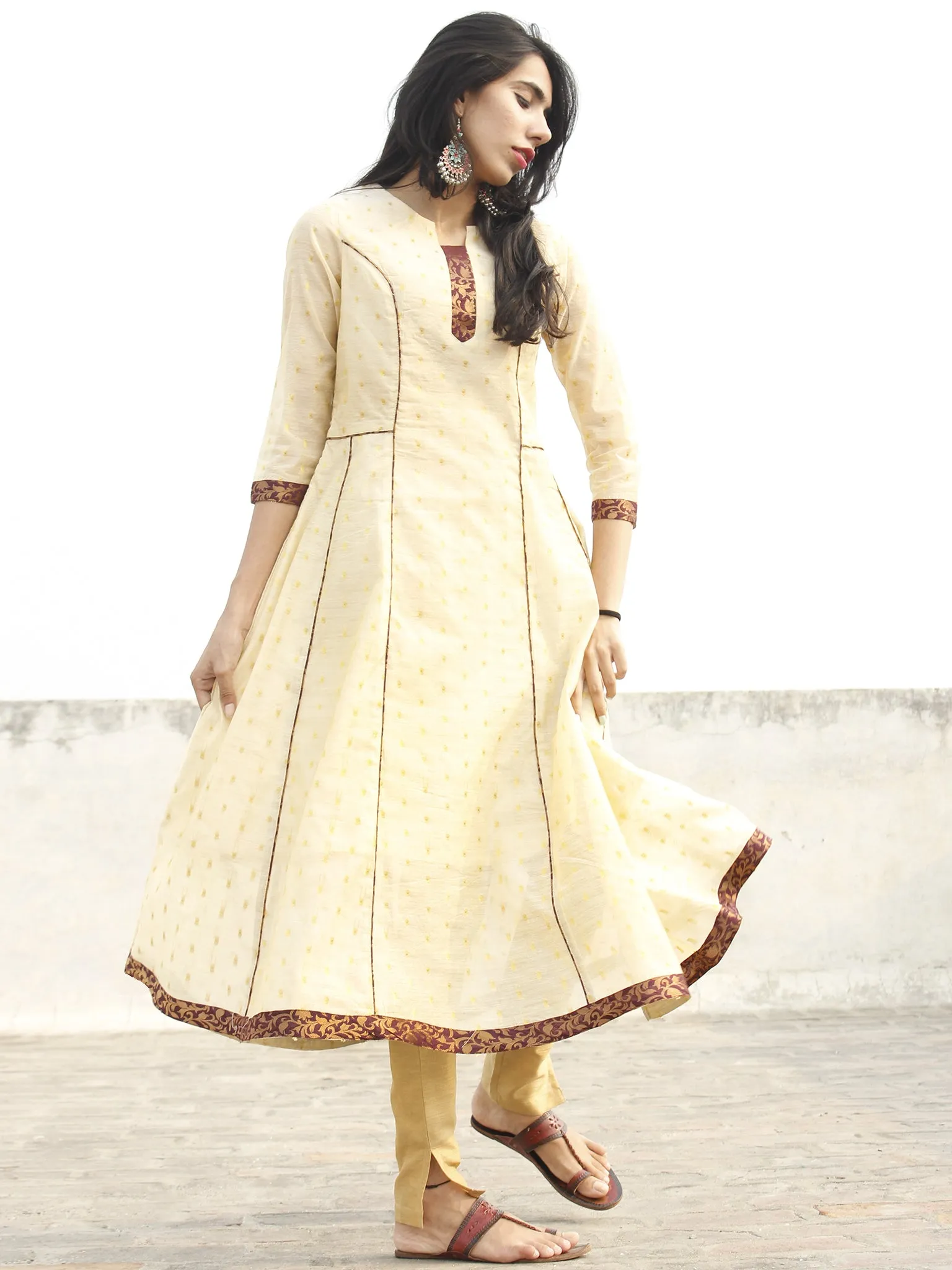 Beige Golden Mauve Princess Line Brocade Kurta - D161F001