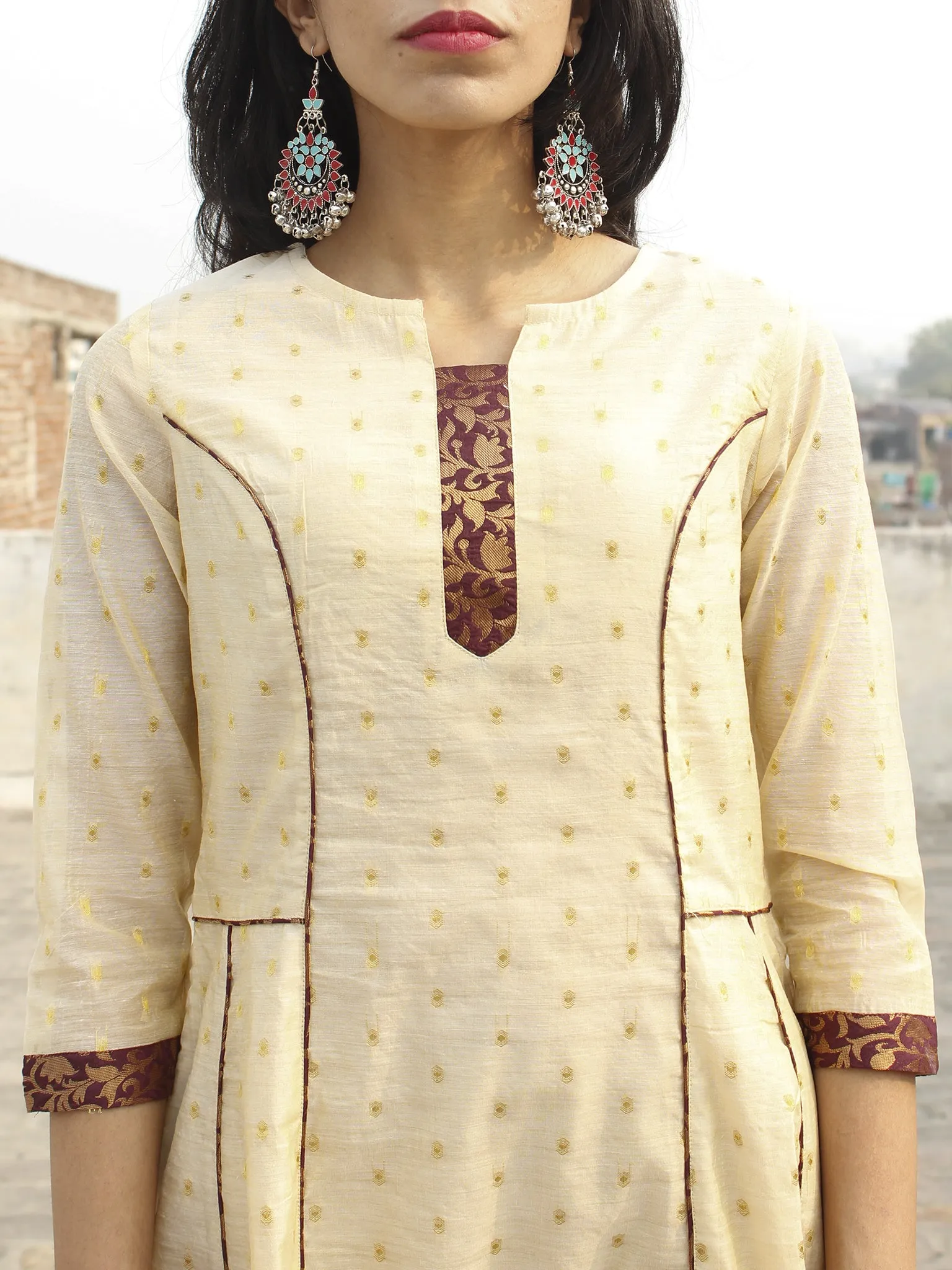 Beige Golden Mauve Princess Line Brocade Kurta - D161F001