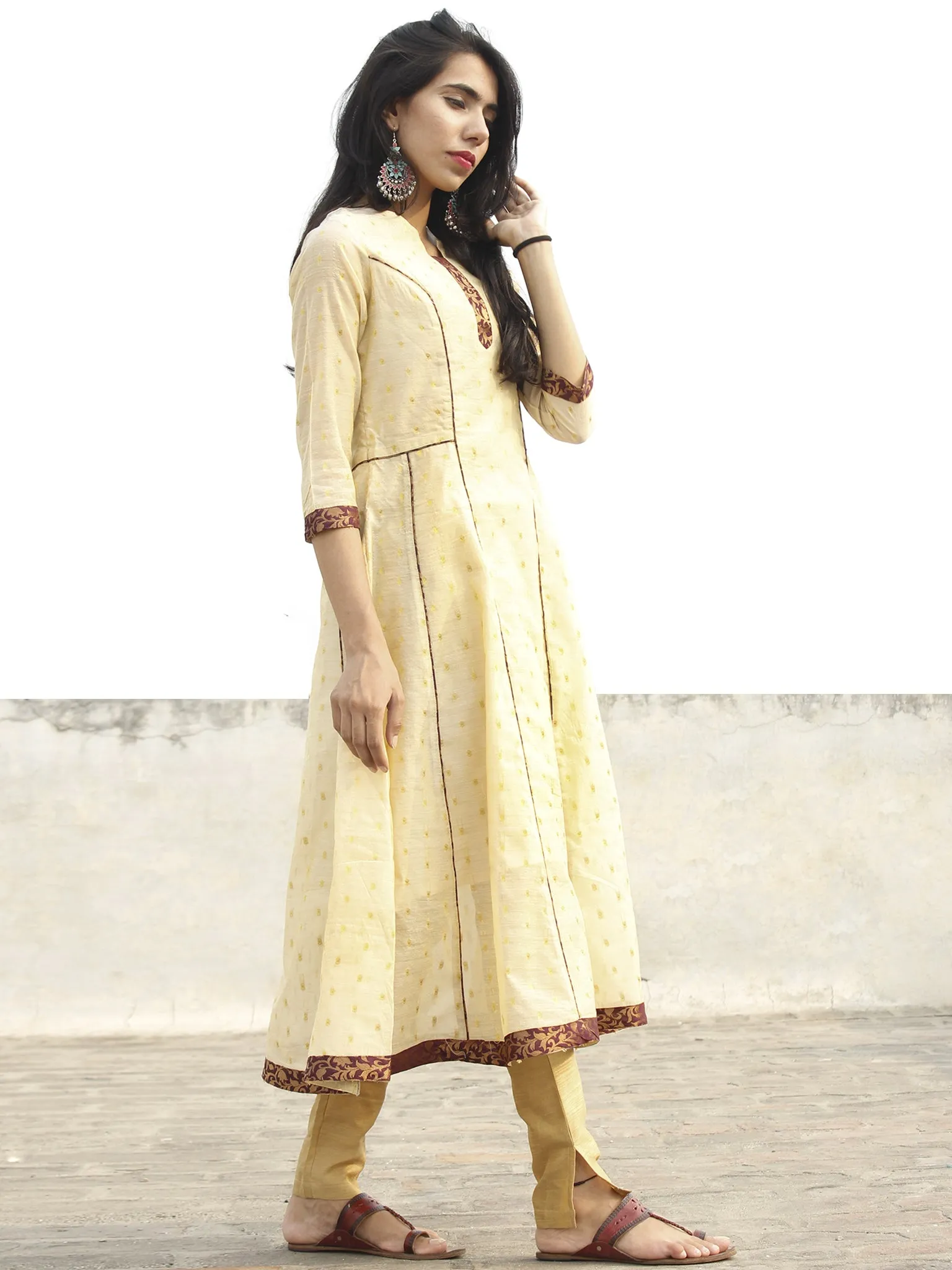 Beige Golden Mauve Princess Line Brocade Kurta - D161F001