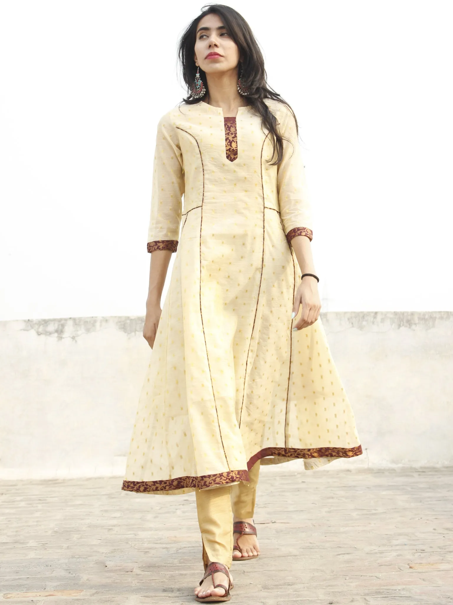 Beige Golden Mauve Princess Line Brocade Kurta - D161F001