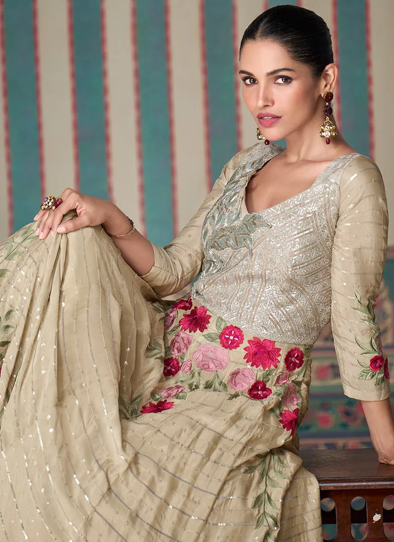 Beige Golden Multi Embroidered Silk Anarkali Gown