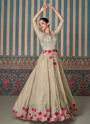 Beige Golden Multi Embroidered Silk Anarkali Gown