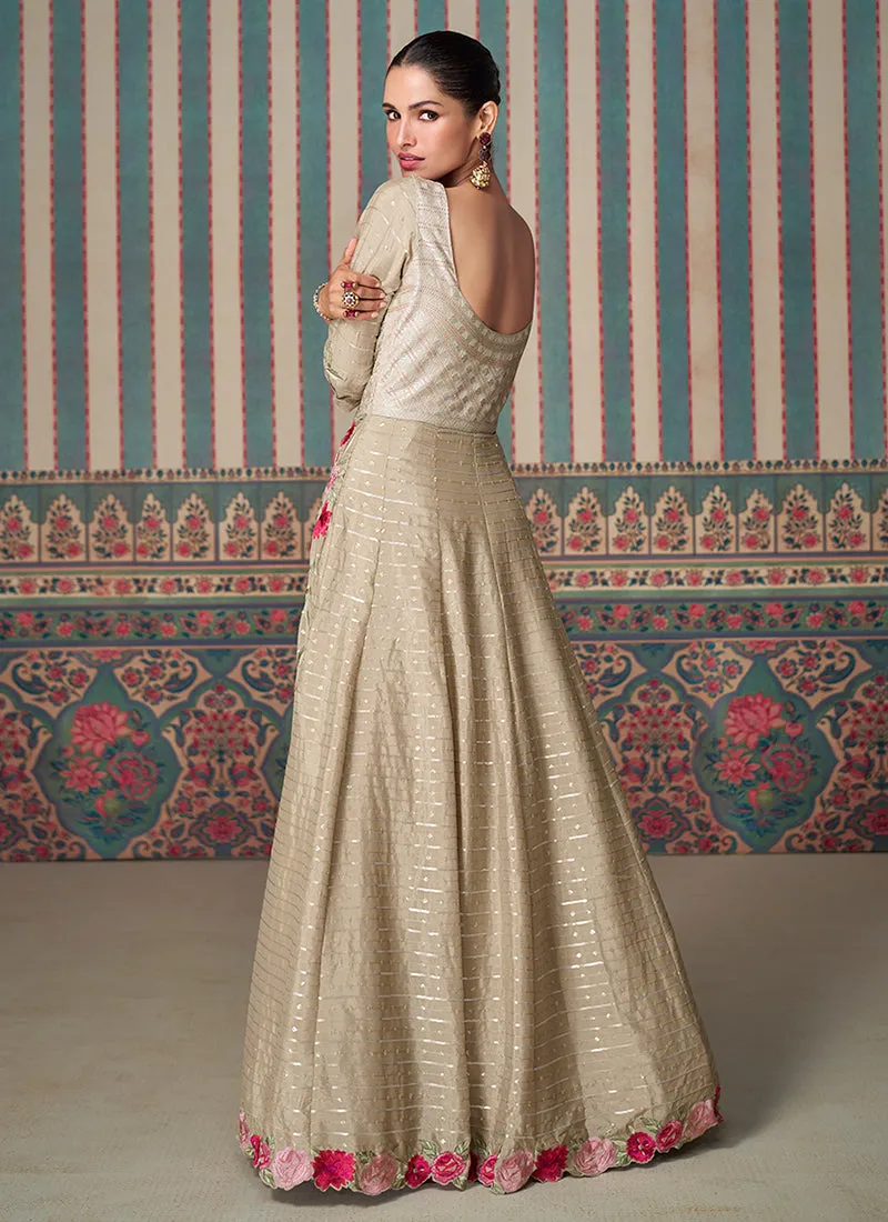 Beige Golden Multi Embroidered Silk Anarkali Gown