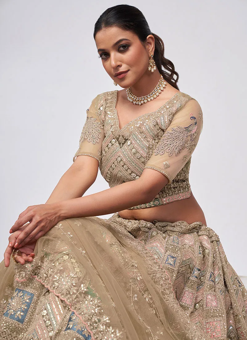 Beige Golden Multi Embroidery Lehenga Choli For Indian Wedding