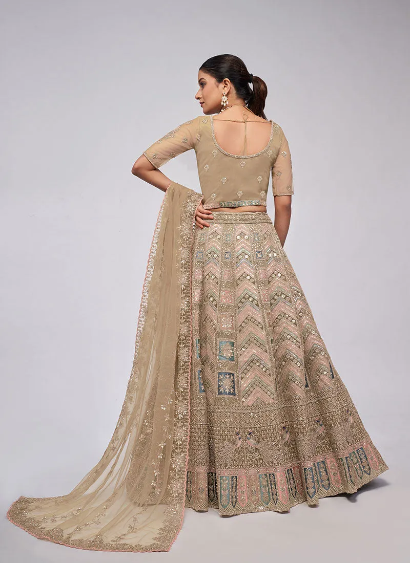 Beige Golden Multi Embroidery Lehenga Choli For Indian Wedding