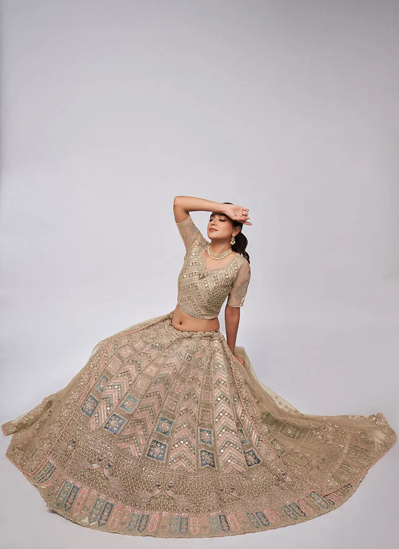 Beige Golden Multi Embroidery Lehenga Choli For Indian Wedding