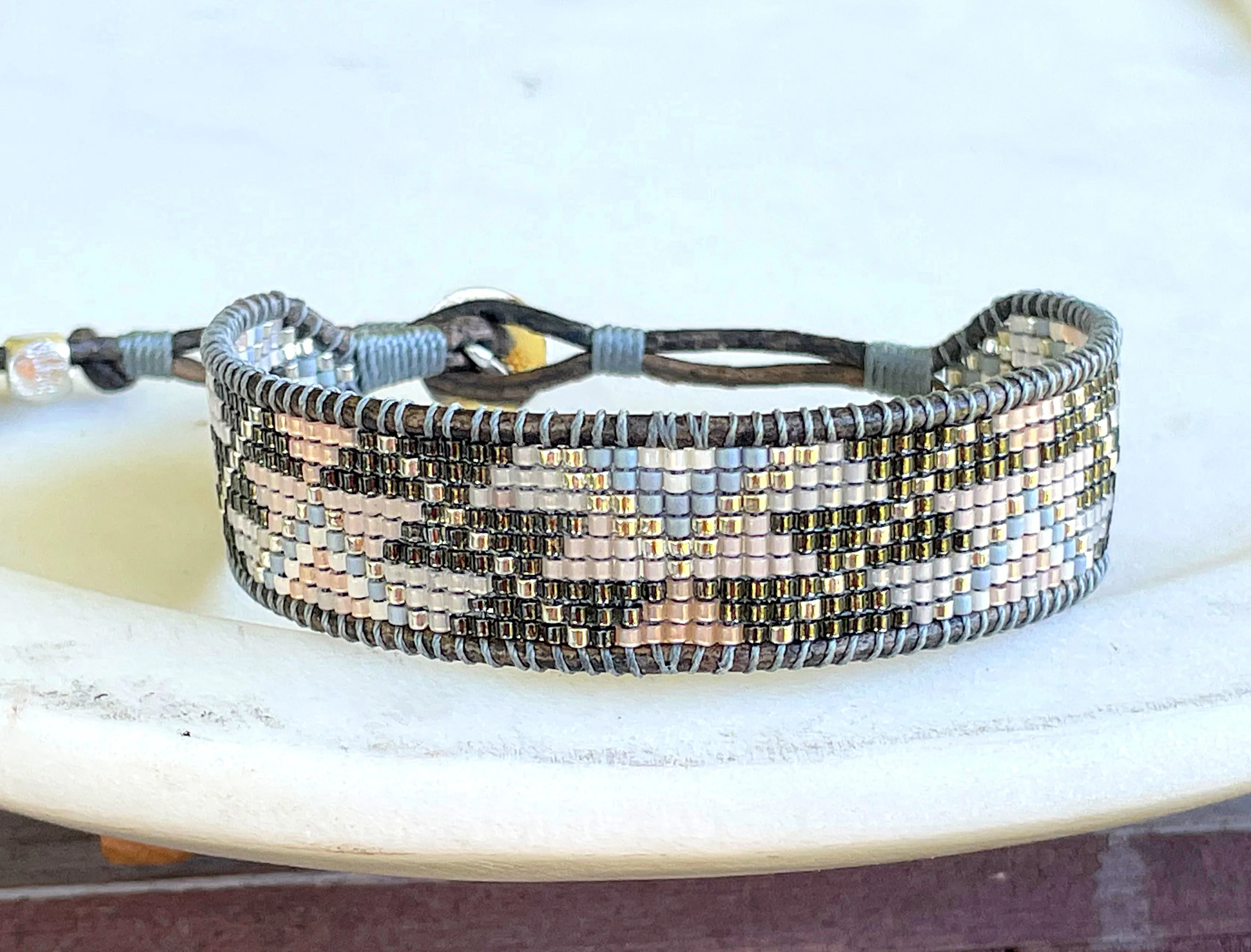 Beige Gray and Silver Western Bead Loom Woven Boho Cuff Bracelet