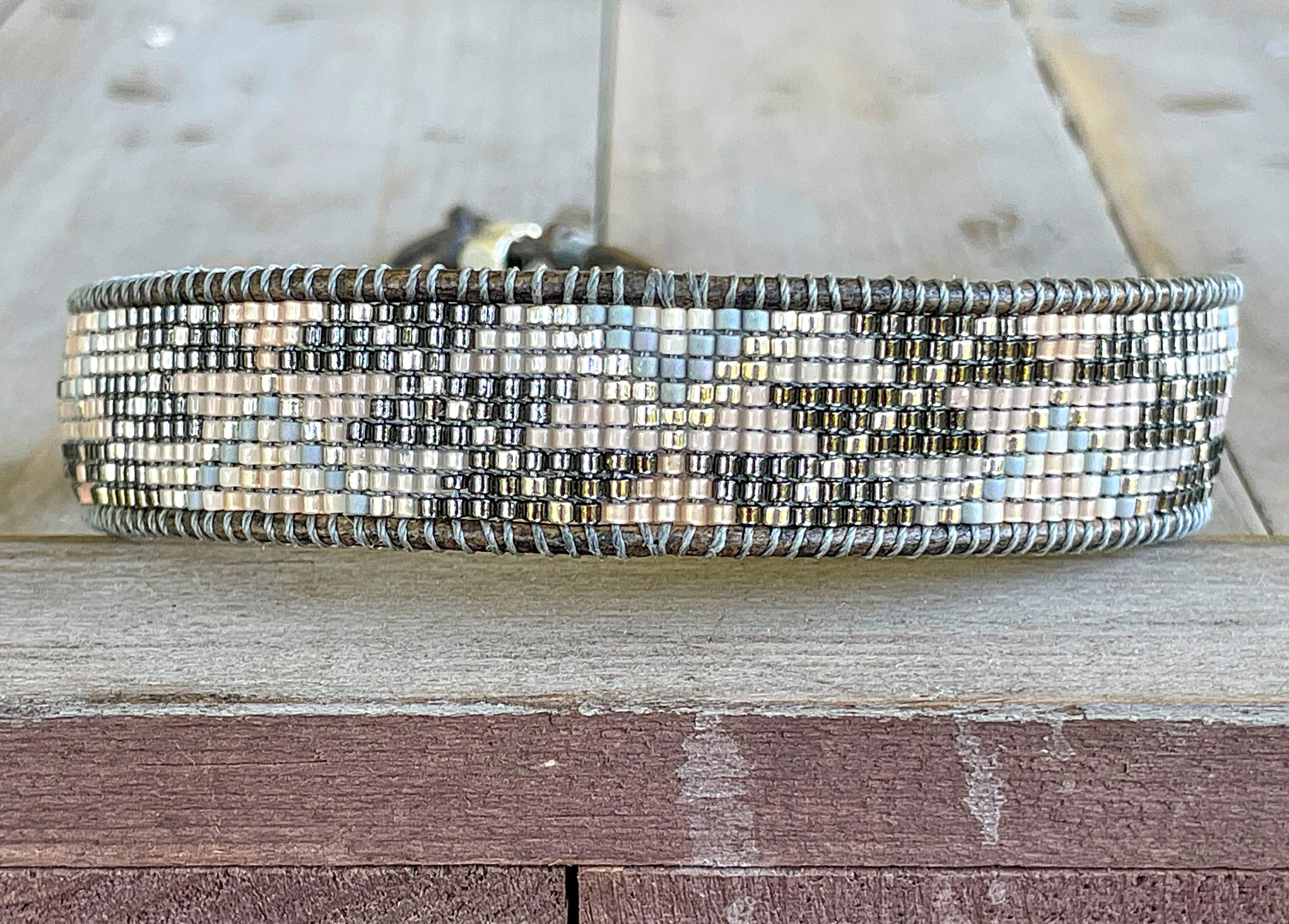 Beige Gray and Silver Western Bead Loom Woven Boho Cuff Bracelet