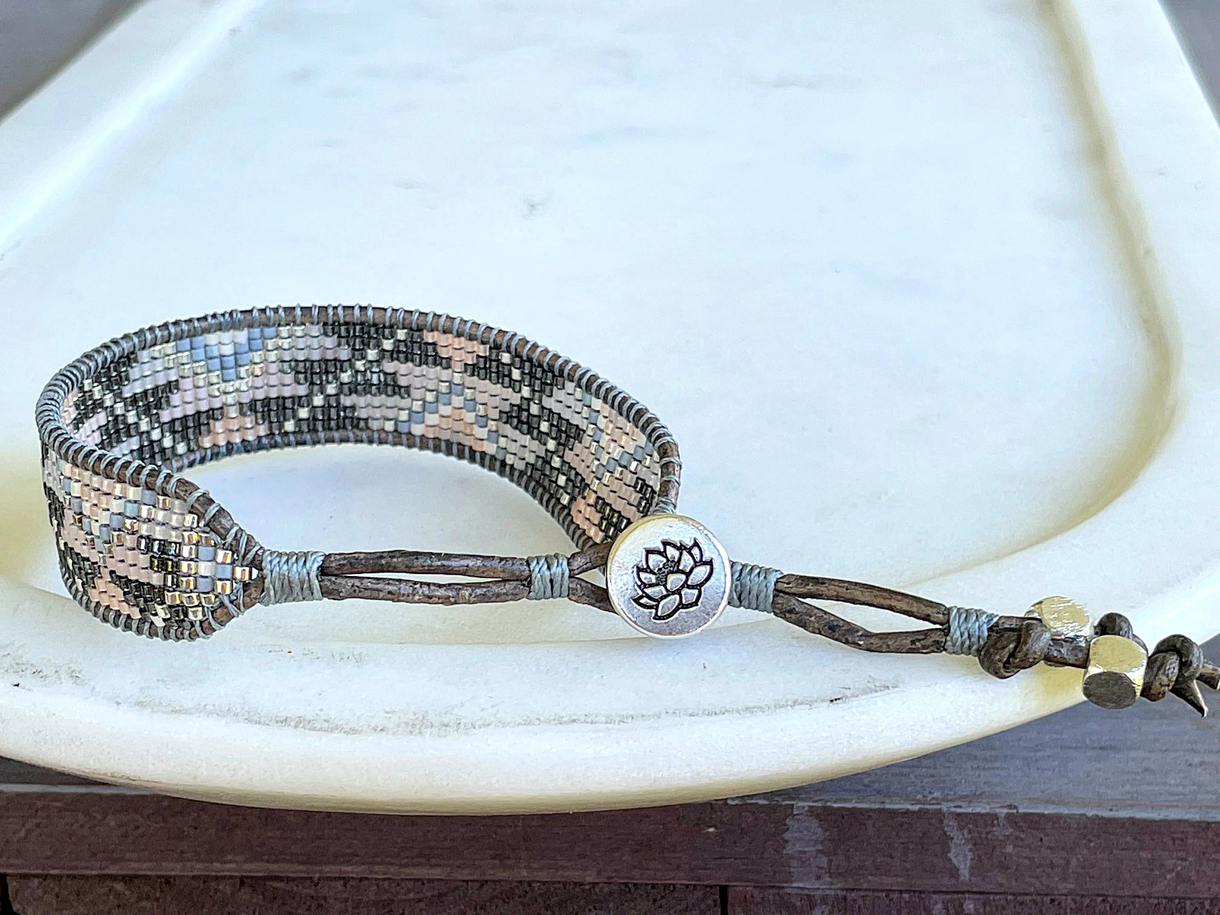 Beige Gray and Silver Western Bead Loom Woven Boho Cuff Bracelet