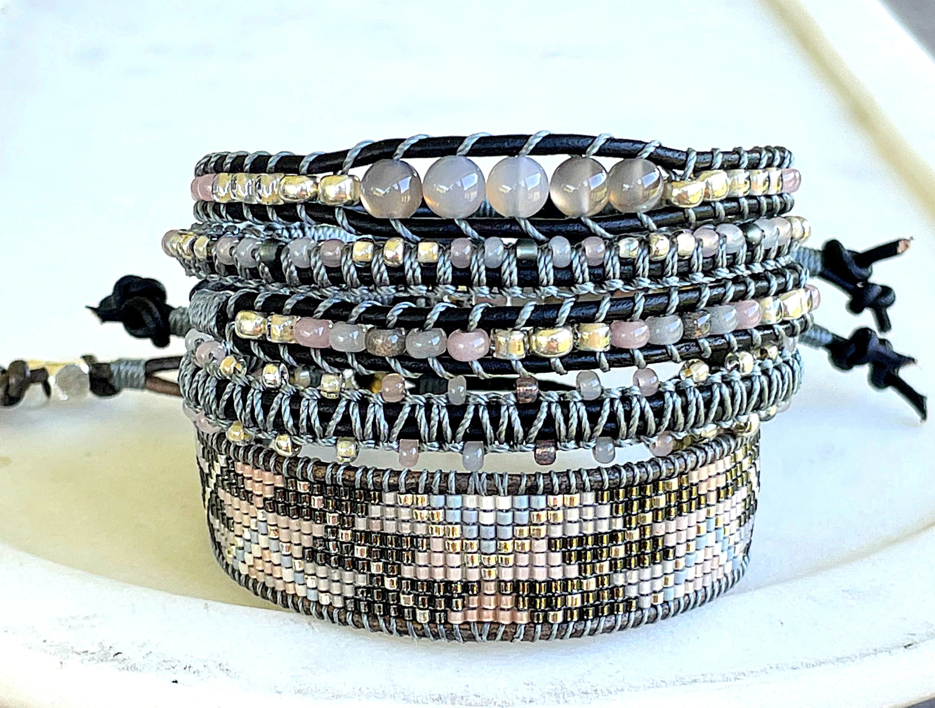 Beige Gray and Silver Western Bead Loom Woven Boho Cuff Bracelet