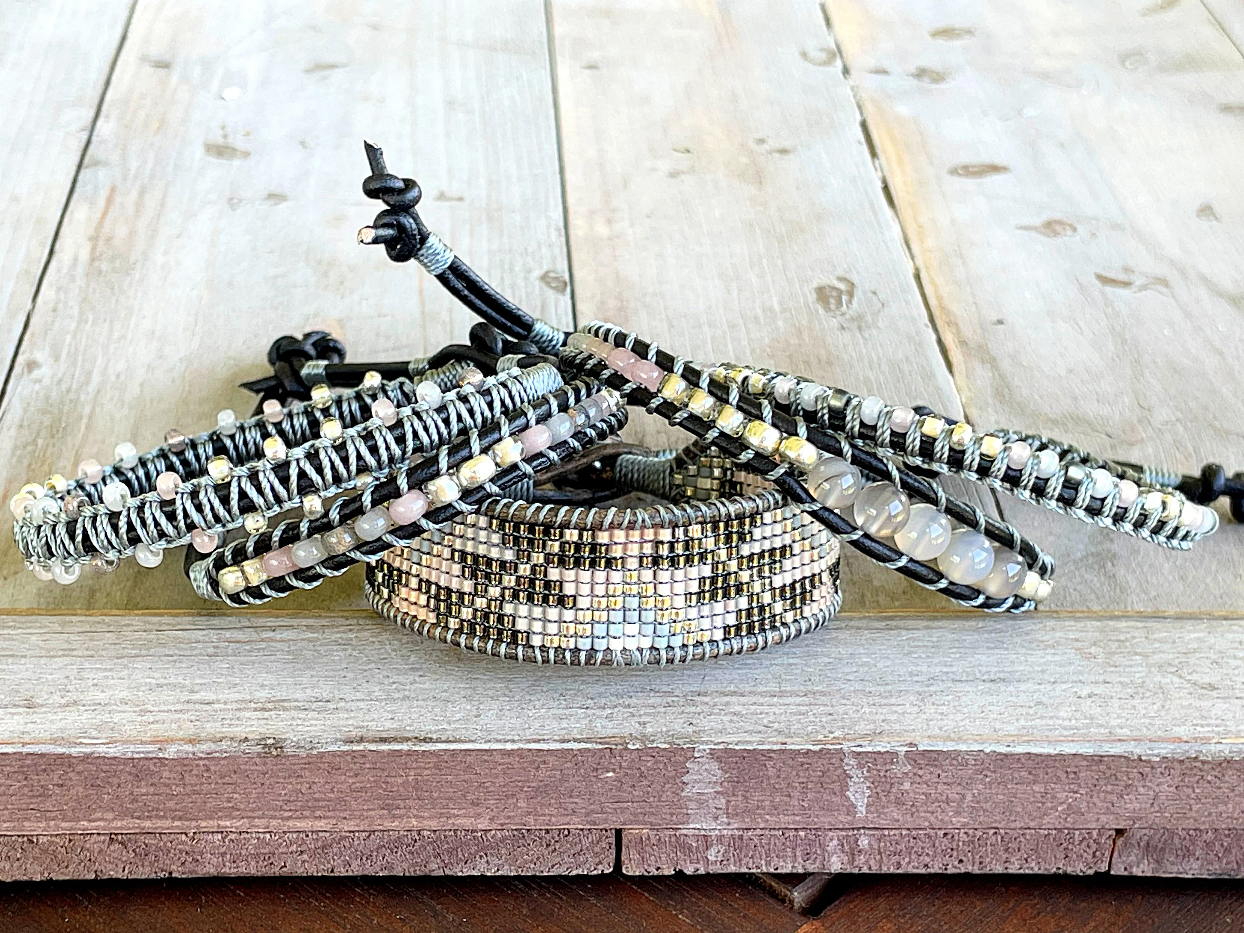 Beige Gray and Silver Western Bead Loom Woven Boho Cuff Bracelet