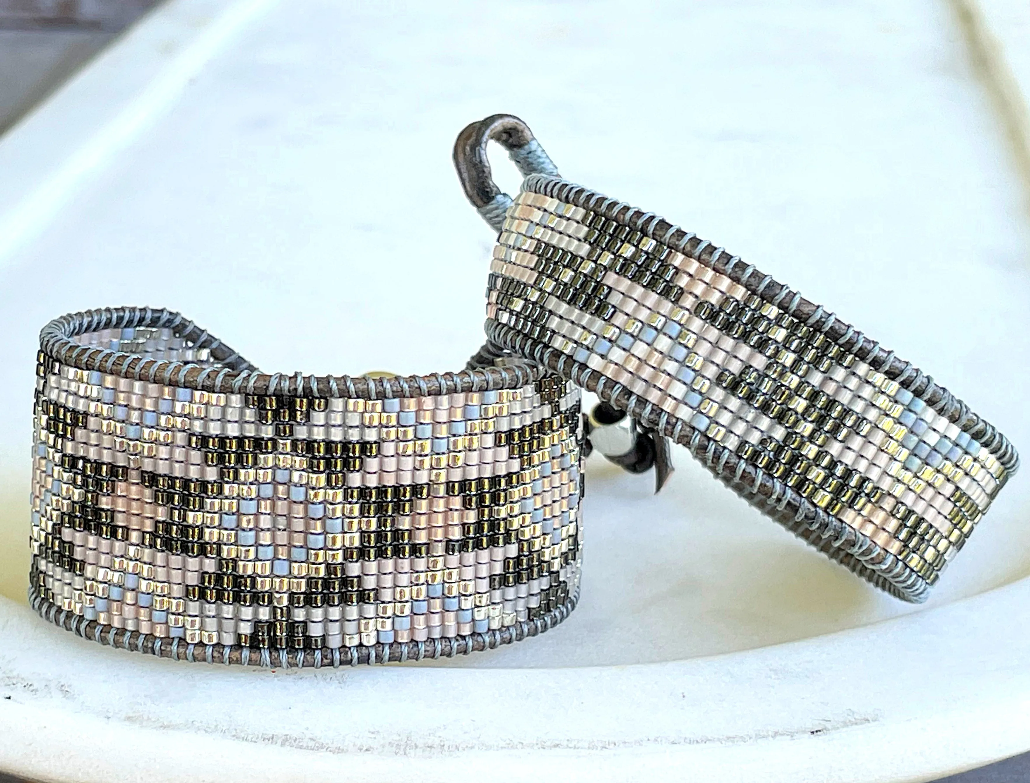 Beige Gray and Silver Western Bead Loom Woven Boho Cuff Bracelet