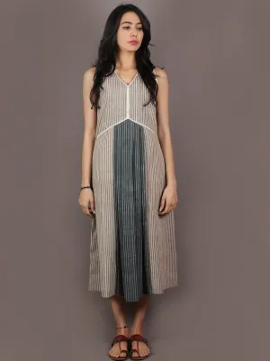 Beige Grey Ivory Hand Block Printed Pleated Cotton Dress With Lace Details - D1125001