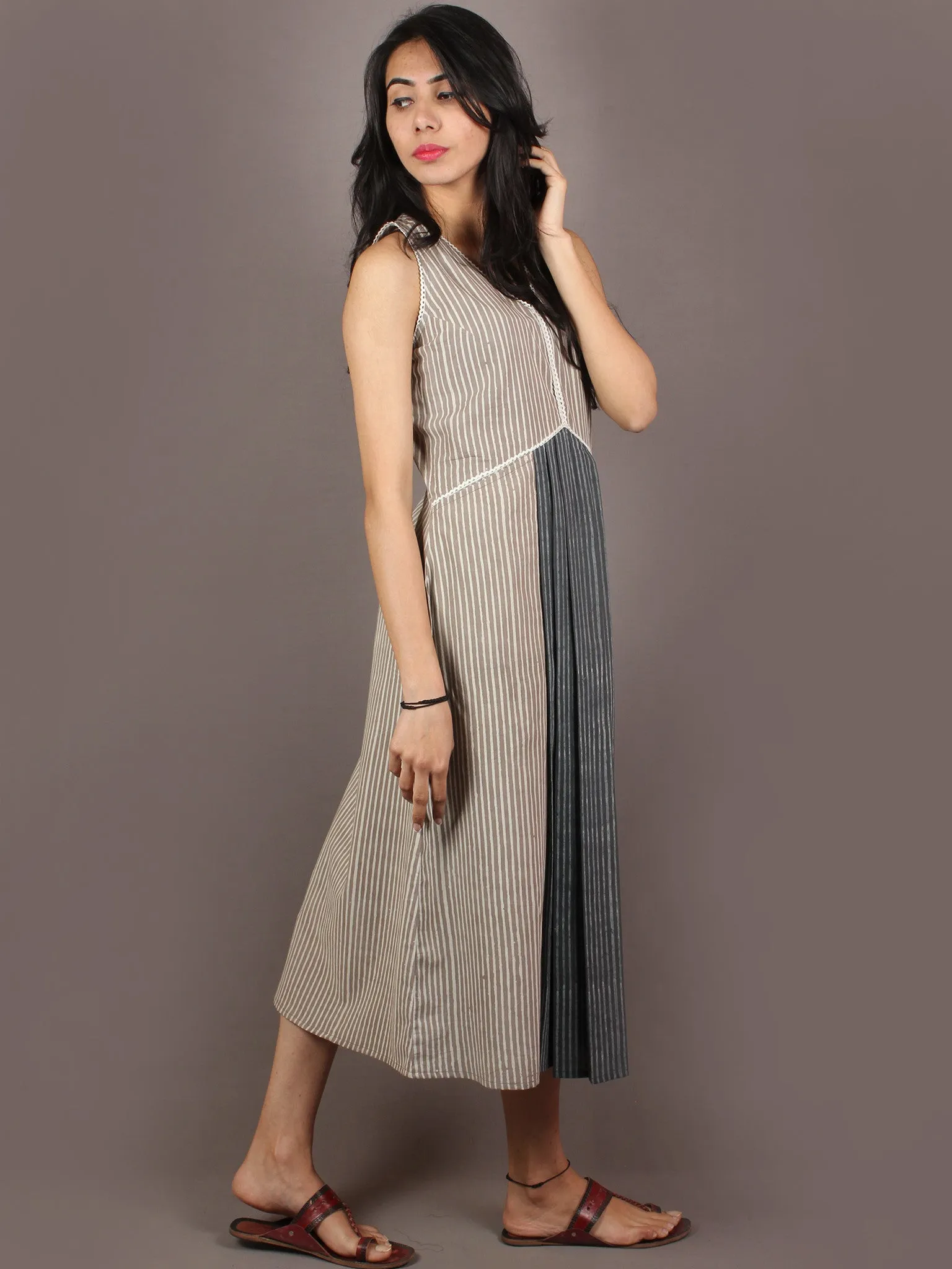 Beige Grey Ivory Hand Block Printed Pleated Cotton Dress With Lace Details - D1125001