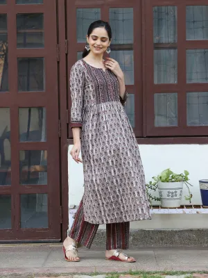 Beige Hand Block Printed A-Line Kurta Set with Thread Embroidery at Yoke