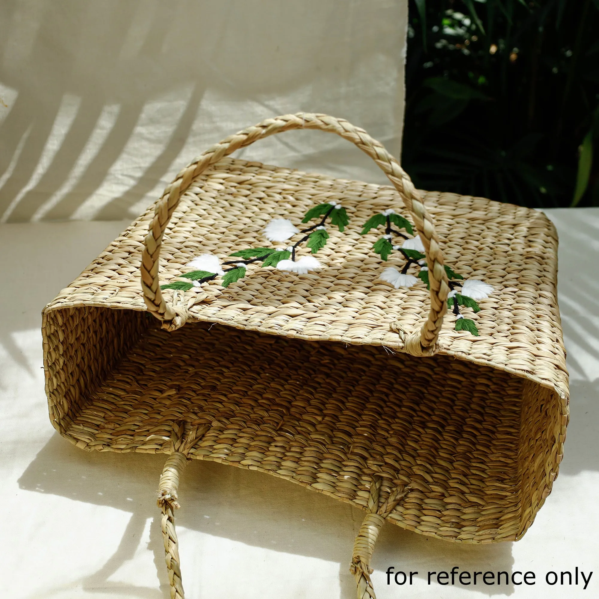 Beige - Handcrafted Natural Water Reed Embroidered Shopping Bag