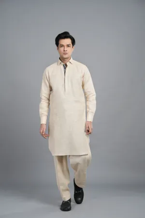 Beige Jute Linen With Denim Printed Shalwar Kameez SQ-420 (4A)