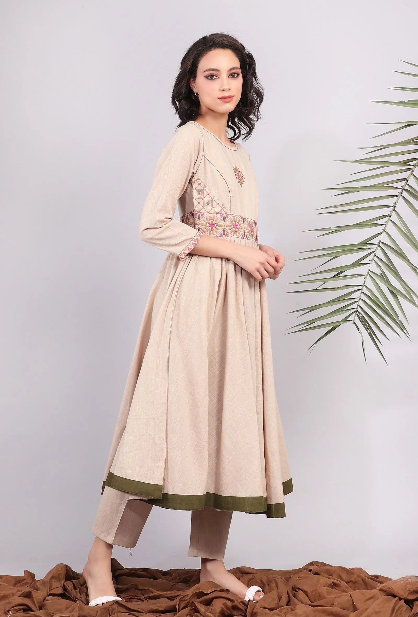 Beige Kantha Embroidered Flared Kurta Dress