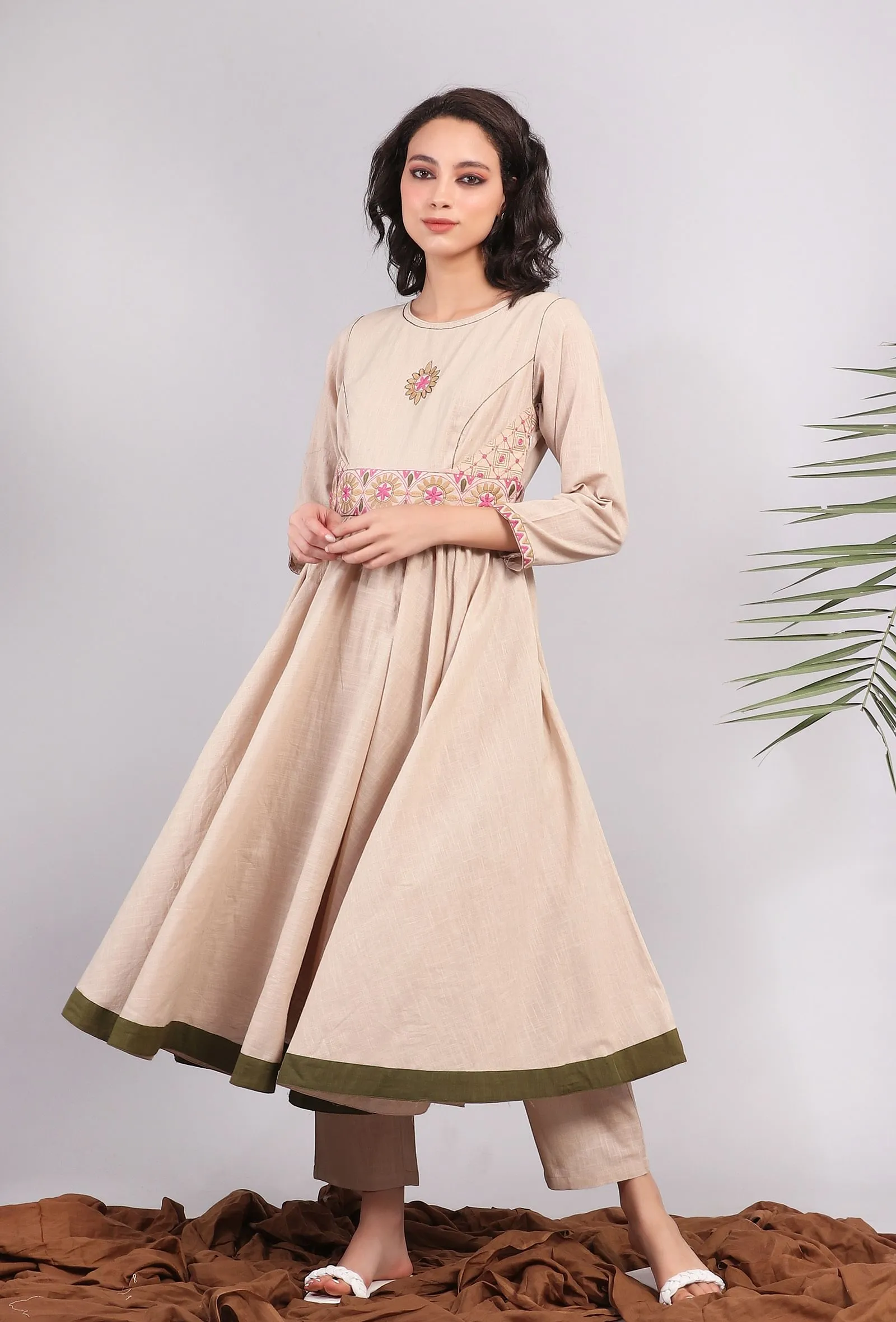 Beige Kantha Embroidered Flared Kurta Dress