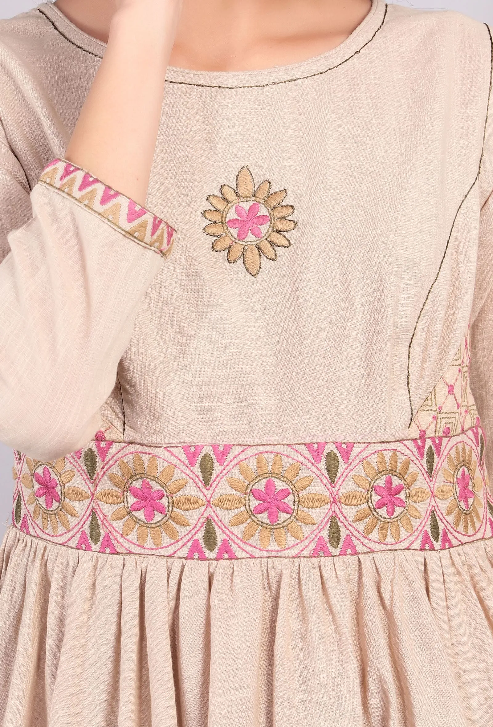 Beige Kantha Embroidered Flared Kurta Dress