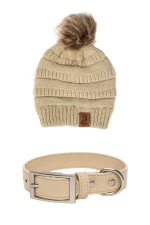 Beige Knit Hat with Pom and Vegan Leather Dog Collar Matching Set